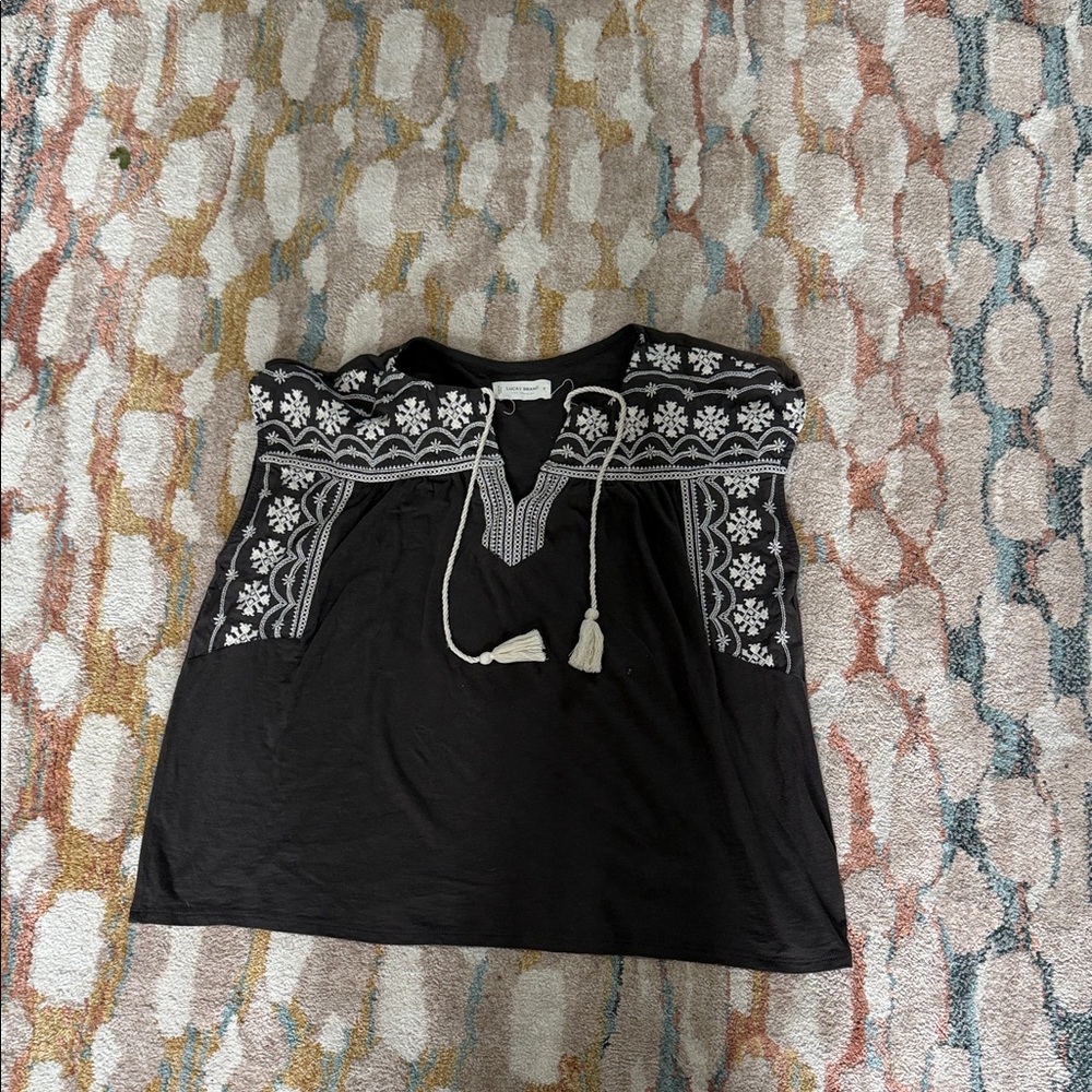 Lucky Brand Black and White Embroidered Blouse